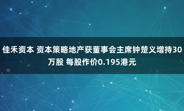 佳禾资本 资本策略地产获董事会主席钟楚义增持30万股 每股作价0.195港元